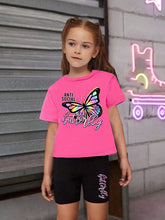 2pcs Summer Casual Butterfly & Slogan Printed Short Sleeve T-Shirt And Shorts Set For Girls